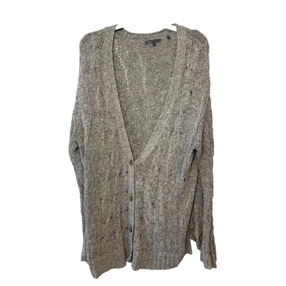 VINCE Long Sleeve Gray Cardigan Sweater Womens Large Cable Knit Button Front‎